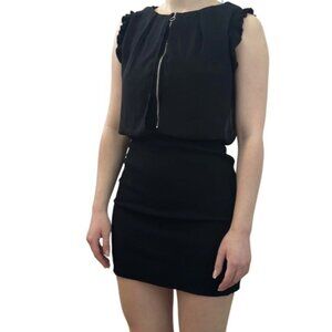 Sandro Paris Black Viscose Crepe Exposed Zipper Flutter Sleeve Dress Size 2